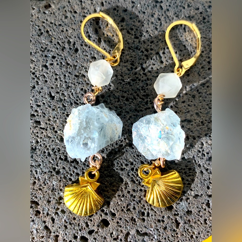 Rare + Gold Sea Shell Rose Quartz + Blue Celestine 18k Gold Filled Latch Back